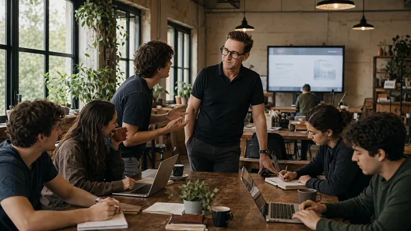 Hanson Barry working with a group around a shared table