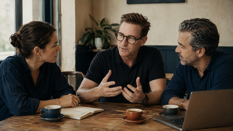Hanson Barry in a working session with two founders around a table